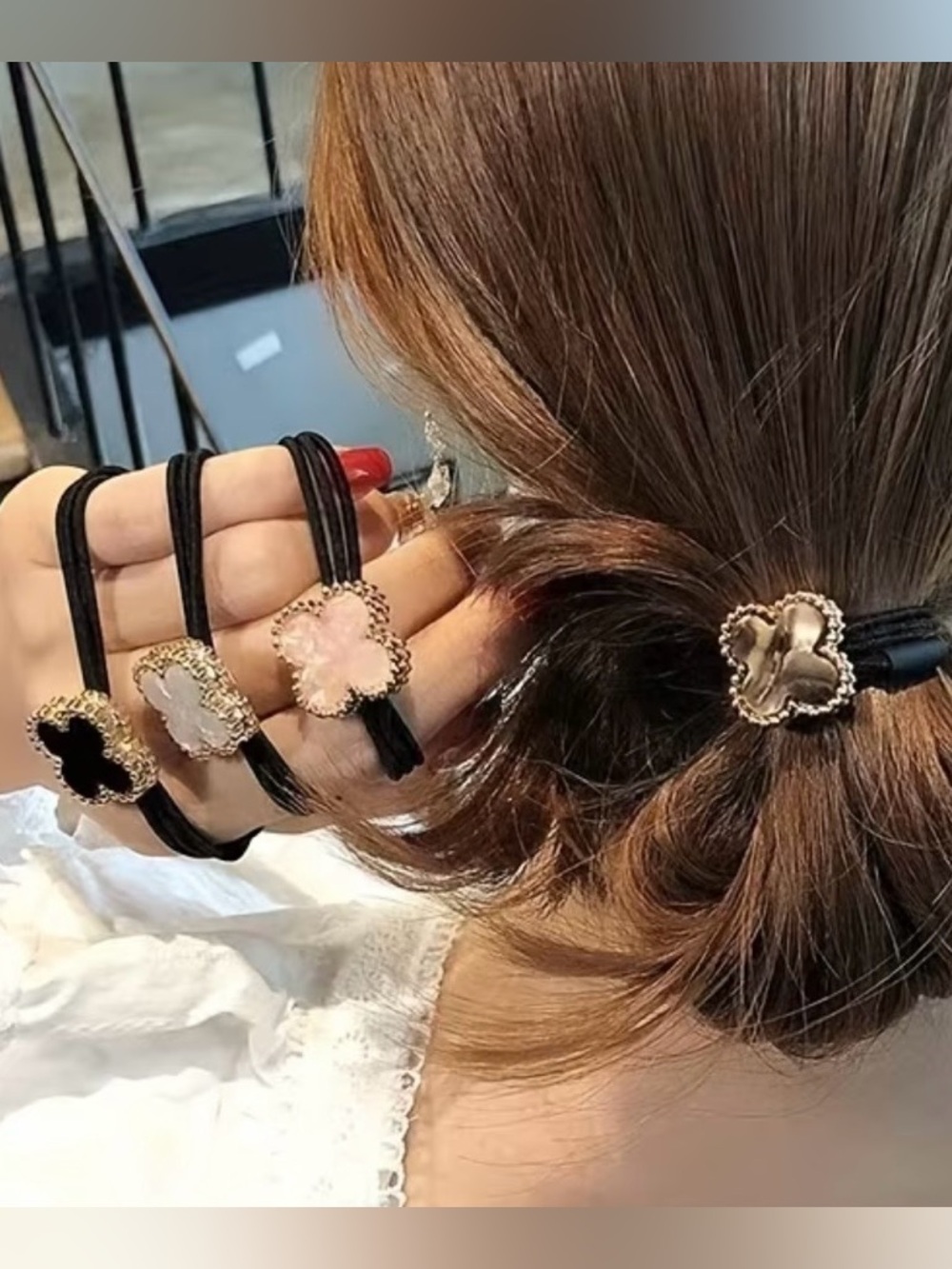 Black Elastic hair Ties 4 pcs color clover style